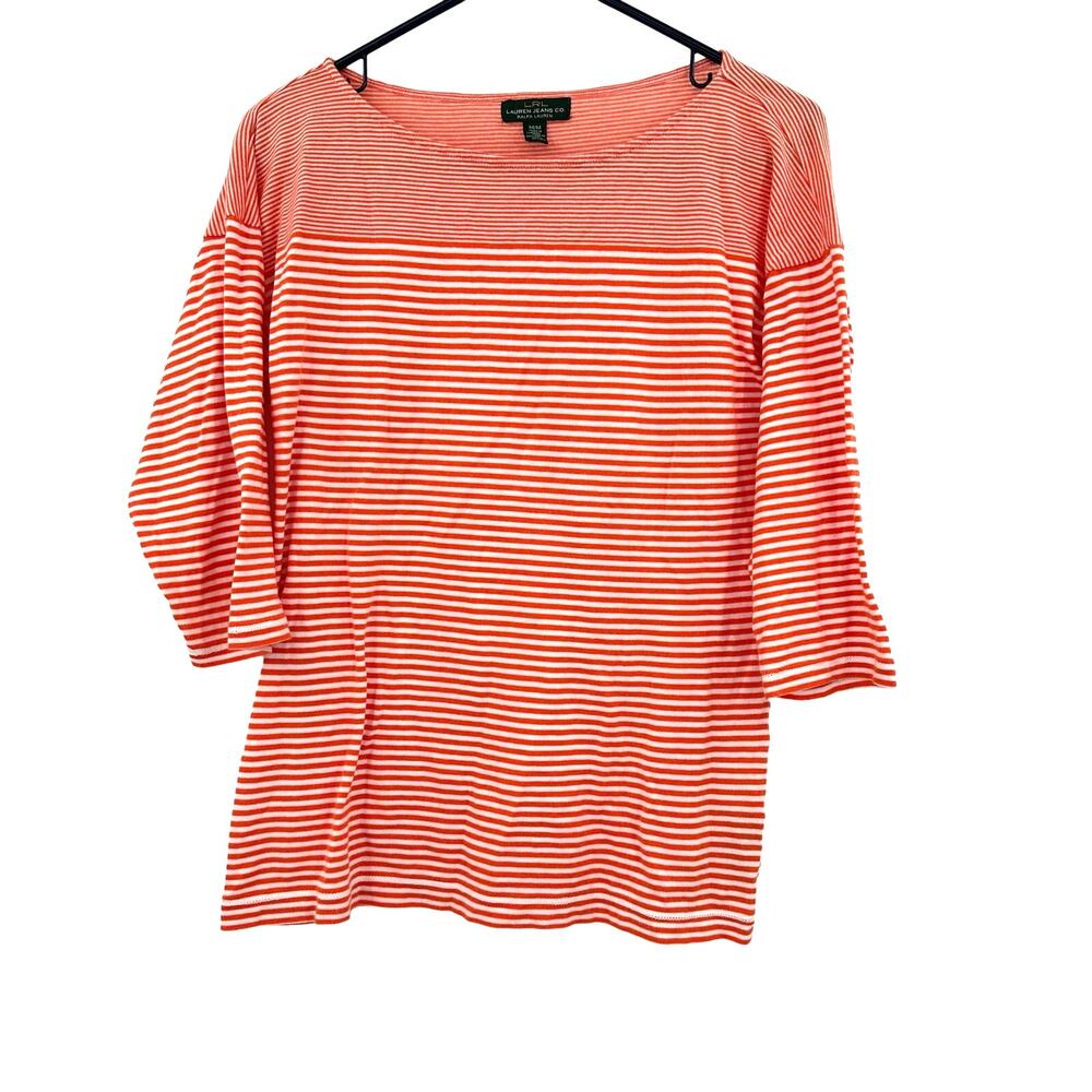 Lauren Jeans Co Size Medium‎ Shirt Red Pinstripe 3/4 Sleeve Casual Everyday LRL